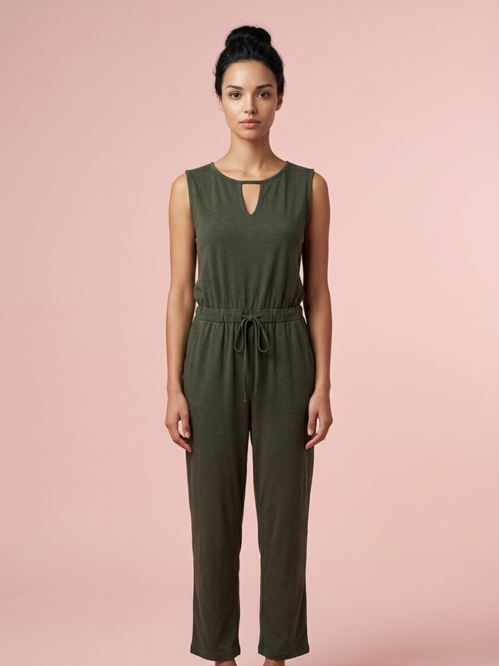 Time and Tru Olive Keyhole Sleeveless Drawstring Jumpsuit Sz M 8-10